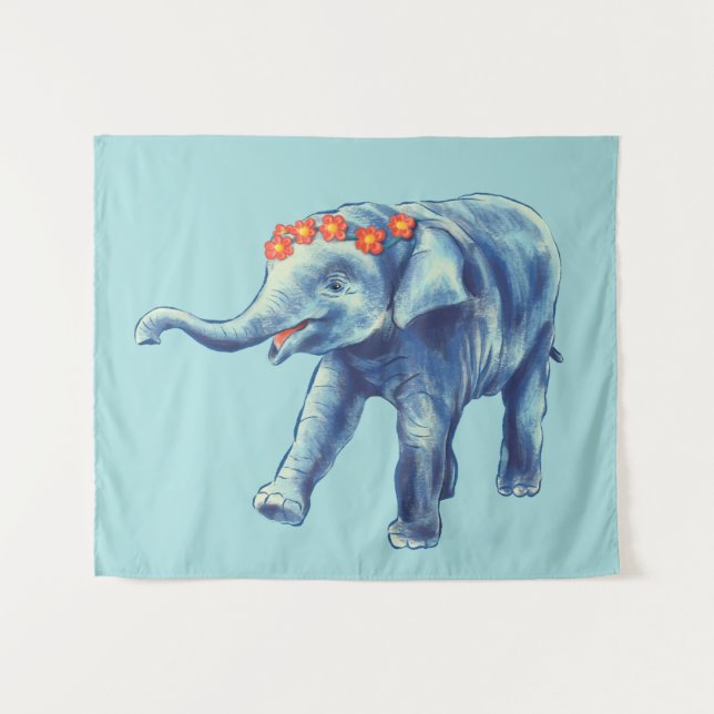 Baby Elephant Blue Cute Girly Kids Tapestry (Front (Horizontal))