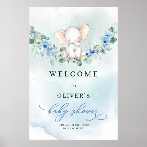 Baby elephant blue flowers Boy Baby Shower Welcome Poster