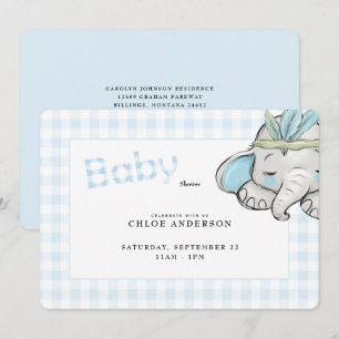 Baby Elephant Blue Gingham Baby Shower Rounded Invitation