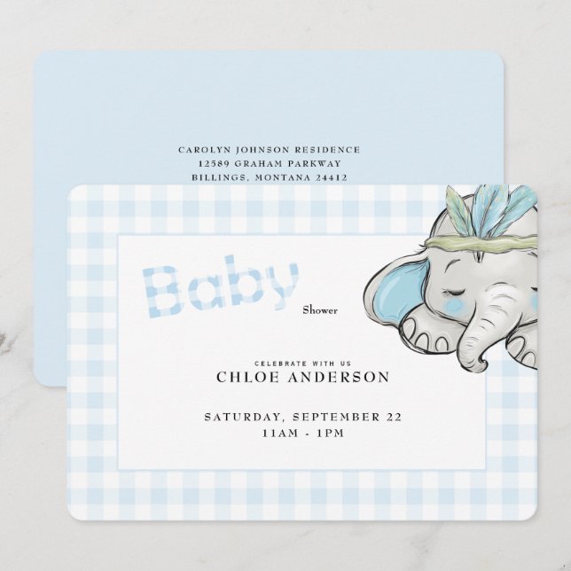 Baby Elephant Blue Gingham Baby Shower Rounded Invitation (Front/Back)