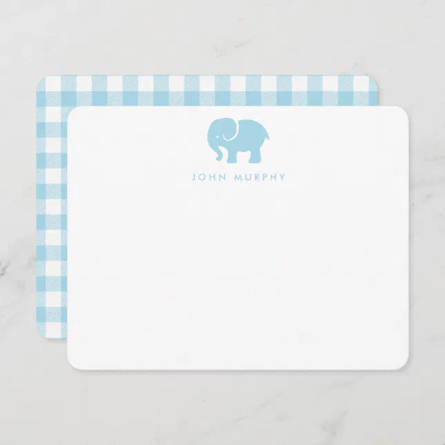 Baby Elephant Blue Gingham Thank You Flat Card Zazzle