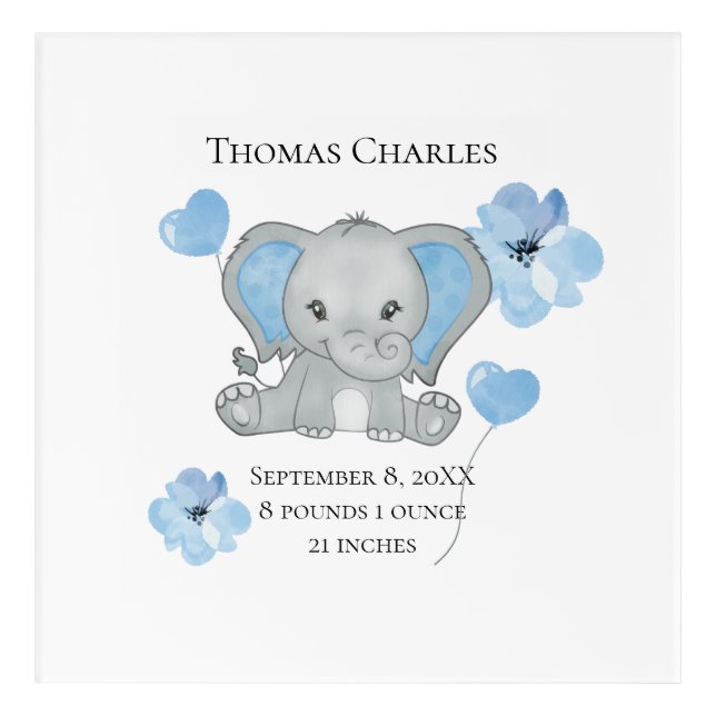 Baby Elephant Blue Gray Birth Stats Cute Acrylic Print (Front)