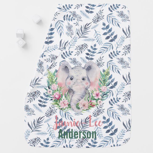 Baby Elephant Blue Leaf Pink Floral Named Swaddle Baby Blanket (In Situ)