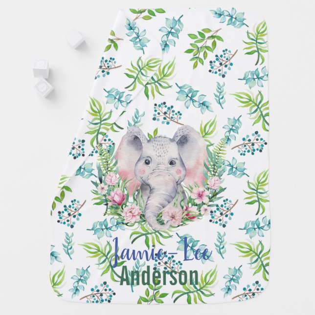 Baby Elephant Blue Mint Leaves Named Swaddle Baby Blanket (In Situ)