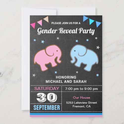Baby Elephant Blue or Pink Gender Reveal Party Invitation