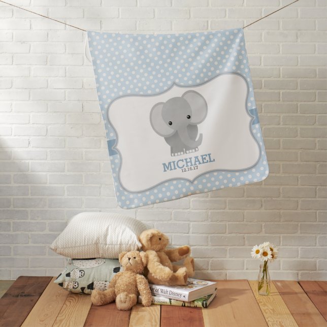 Baby Elephant (blue) Personalized Swaddle Blanket (In Situ)