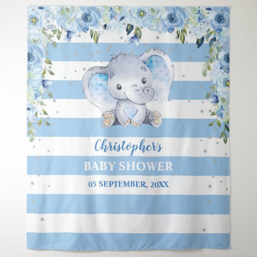 Baby elephant blus floral silver Baby Shower Tapestry
