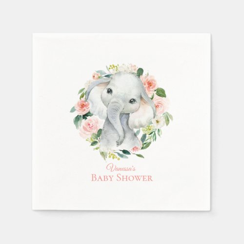 Baby Elephant Blush Pink Floral Baby Shower Napkins