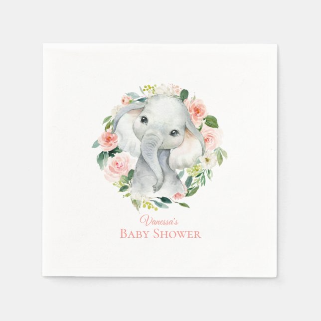 Baby Elephant Blush Pink Floral Baby Shower Napkins (Front)