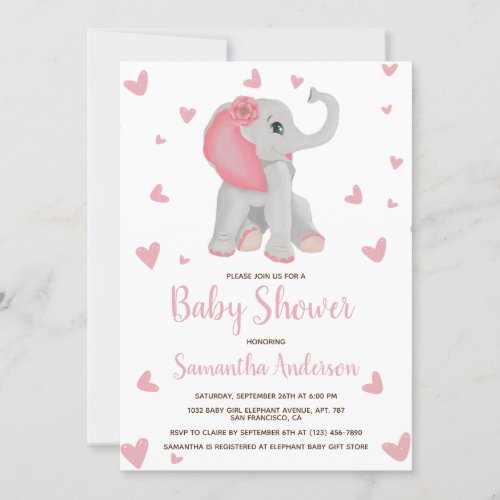 Baby Elephant Blush Pink Floral Baby Shower Photo  Invitation