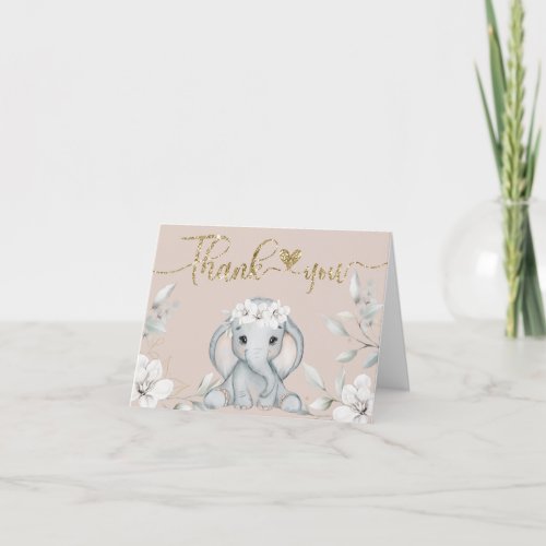 Baby elephant blush pink  gold Baby Shower Thank You Card