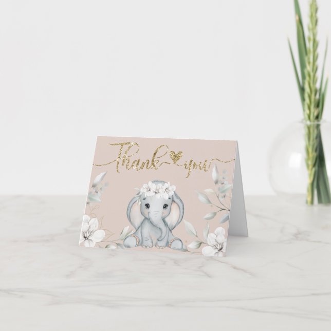 Baby elephant blush pink & gold Baby Shower Thank You Card (Front)