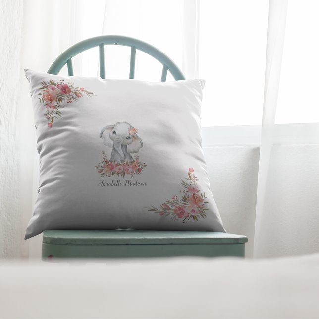 Baby Elephant Boho Chic Watercolor Throw Pillow (Creator Uploaded)