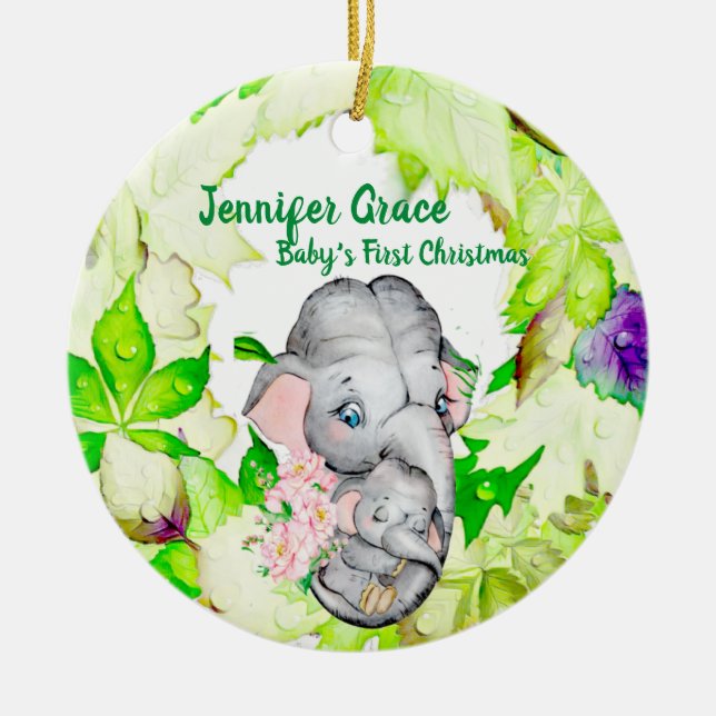 Baby Elephant Botanical Custom Photo 1st Christmas Ceramic Ornament (Front)