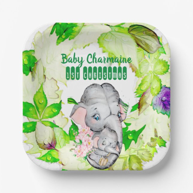 Baby Elephant Botanical Green 1st Christmas Custom Paper Plates (Front)