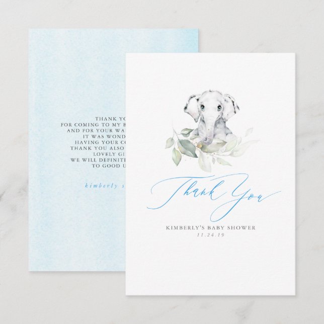 Baby Elephant Boy Baby Shower Thank You Card (Front/Back)