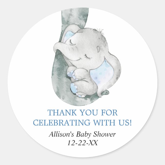 Baby elephant boy blue favor stickers (Front)
