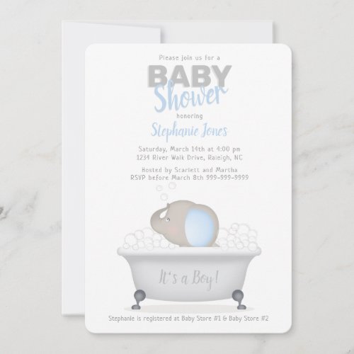 Baby Elephant Bubble Bath Boy Baby Shower Invitation
