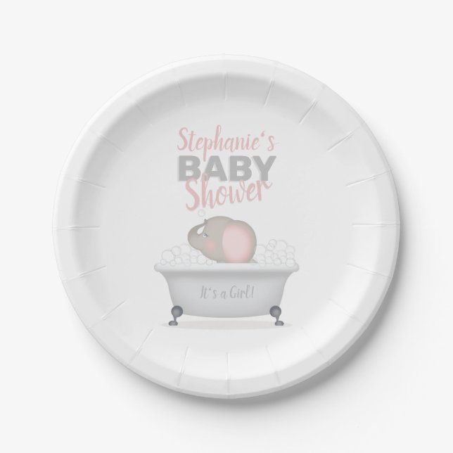 Baby Elephant Bubble Bath Girl Baby Shower Paper Plates (Front)