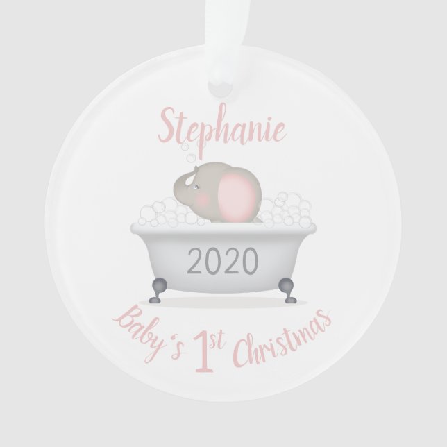 Baby Elephant Bubble Bath Girl First Christmas Ornament (Front)