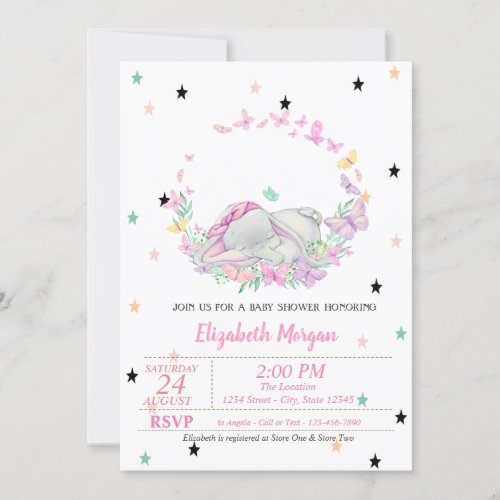 Baby ElephantButterflies Stars Baby Shower  Invitation