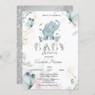 Baby Elephant Butterfly Glitter Silver Baby Shower Invitation