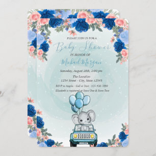 Baby Elephant Car Floral Baby Shower Invitation