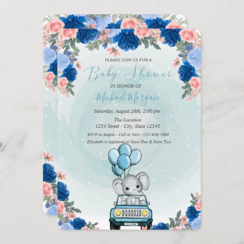 Baby Elephant Car Floral Baby Shower  Invitation