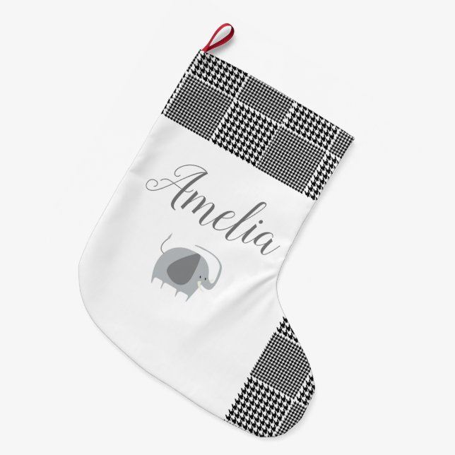 Baby Elephant Cartoon Black Plaid Personalize Large Christmas Stocking (Front (Hanging))