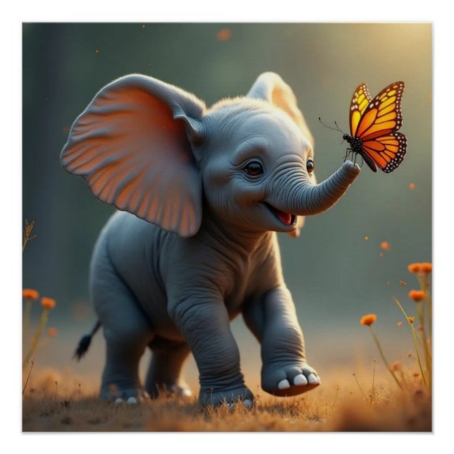 Baby Elephant Chasing A Butterfly Glossy Poster (Front)