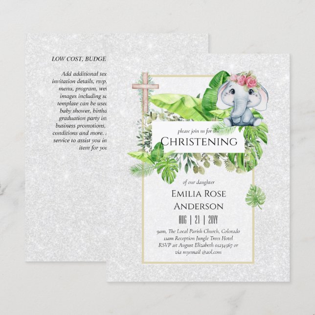 Baby Elephant CHRISTENING Invite for Girls Jungle (Front/Back)