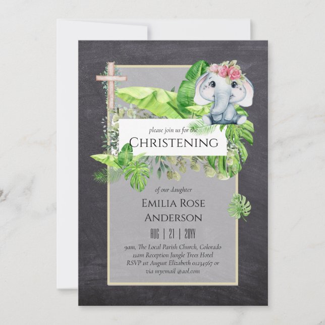 Baby Elephant CHRISTENING Invite for Girls Jungle (Front)