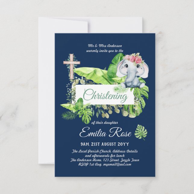 Baby Elephant CHRISTENING Invite for Girls Jungle (Front)