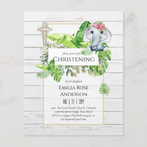 Baby Elephant CHRISTENING Invite for Girls Jungle Flyer