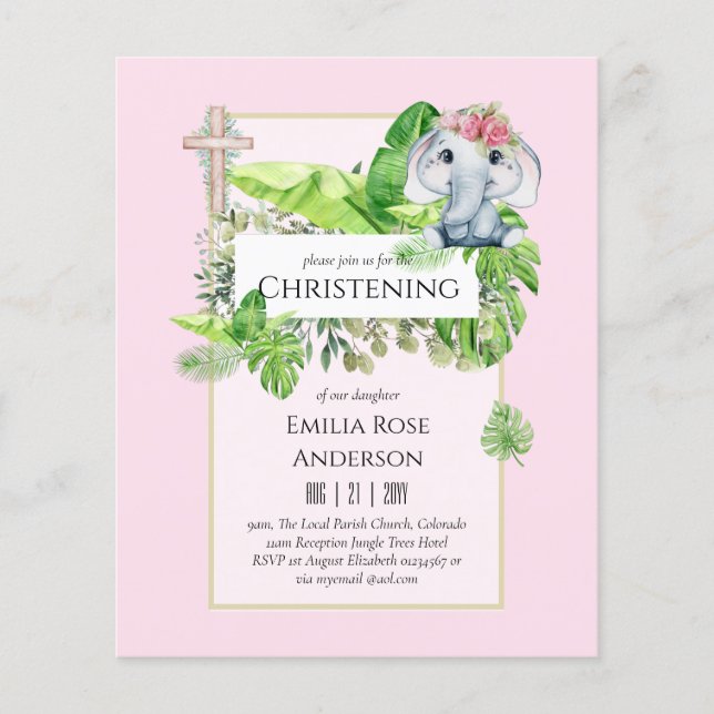 Baby Elephant CHRISTENING Invite for Girls Jungle Flyer (Front)