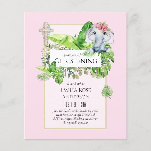 Baby Elephant CHRISTENING Invite for Girls Jungle Flyer