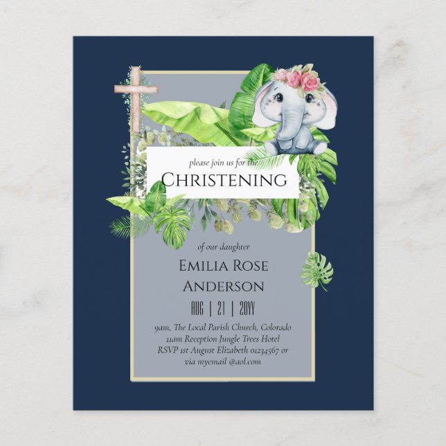 Baby Elephant CHRISTENING Invite for Girls Jungle Flyer (Front)
