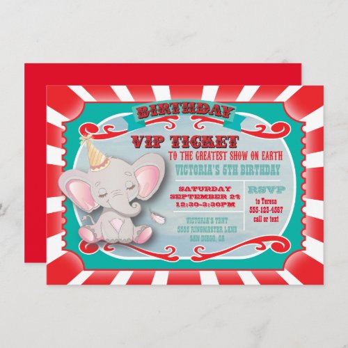Baby Elephant Circus Ticket Birthday Invitation