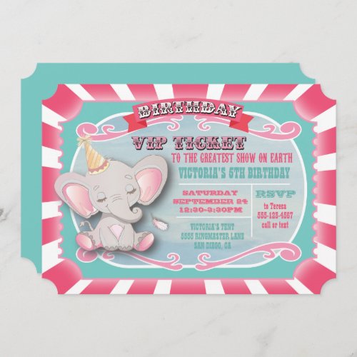 Baby Elephant Circus Ticket Birthday Invitation