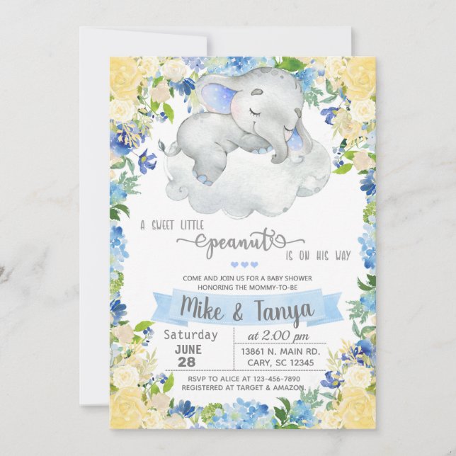 Baby elephant & cloud boy baby shower invitation. invitation (Front)