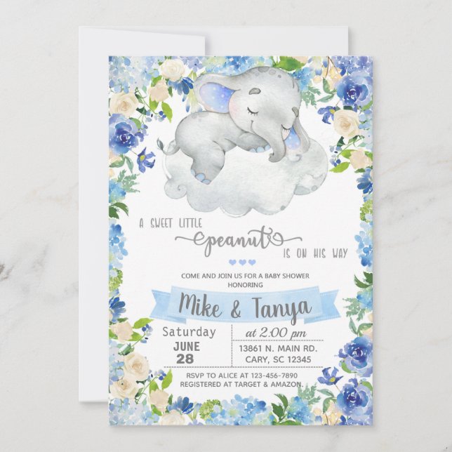 Baby elephant & cloud boy baby shower invitation. invitation (Front)