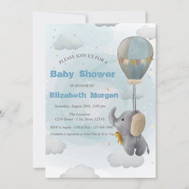Baby Elephant,Cloud, Stars Baby Shower Invitation (Front)