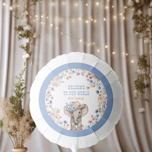Baby Elephant Cowboy and Boho Wildflowers New Baby Balloon (Large Balloon from the Boho Elephant Baby Shower Collection by Darling & May)