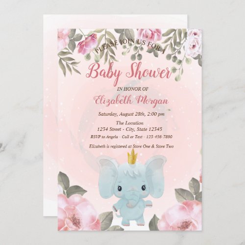 Baby Elephant Crown Floral Baby Shower Invitation