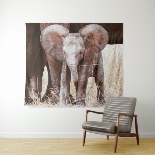 Baby Elephant Cute African Elephant with Mom Tapestry