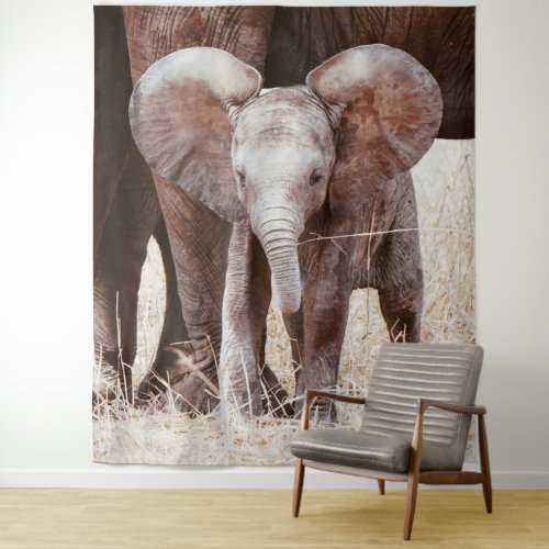 Baby Elephant Cute African Elephant with Mom Tapestry