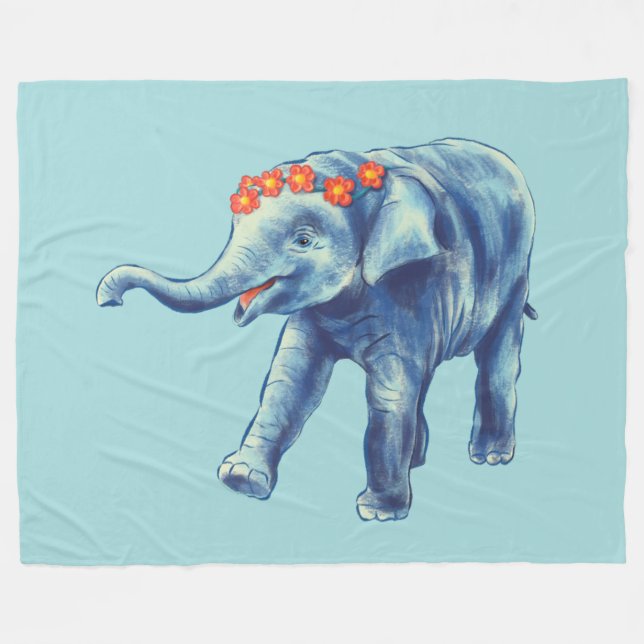 Baby Elephant Cute Blue Kids Fleece Blanket (Front (Horizontal))