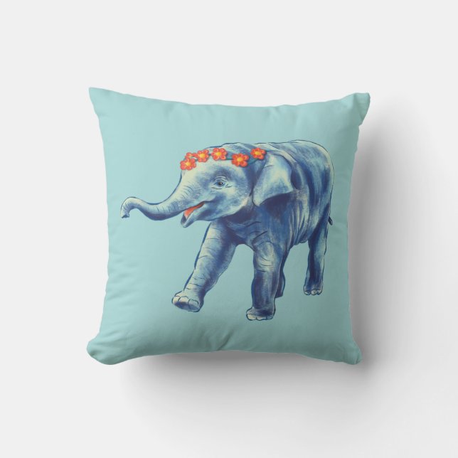 Baby Elephant Cute Blue Kids Throw Pillow (Front)