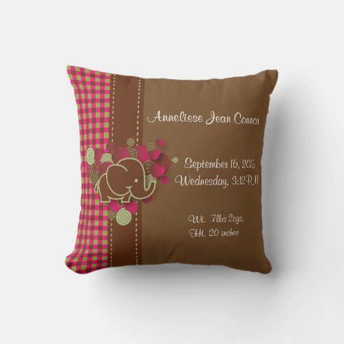 Baby Elephant _ Dark Pink Brown and Green Plaid Throw Pillow