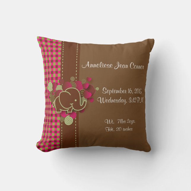 Baby Elephant - Dark Pink, Brown and Green Plaid Throw Pillow (Front)